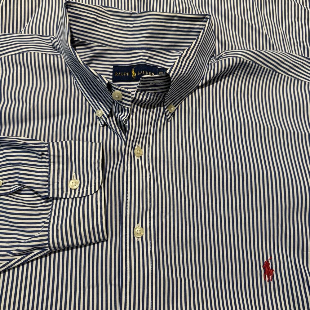 Polo Ralph Lauren Shirt Mens 2XL Big 2XB Blue Stripe Long Sleeve Classic Pony